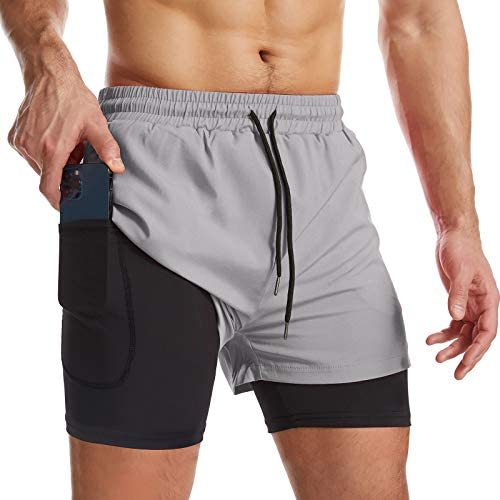 Gesean Men's 2 in 1 Workout Running Shorts 5 Lightweight Gym Training  Sport Short with Phone Pockets