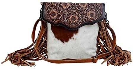 Merbaa Women Natural Cowhide Leather Hand tooled Crossbody Sling Bag With  Adjustable Detachable Strap and side fringes, Shoulder Bag