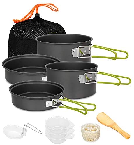 Odoland 29pcs Camping Cookware Mess Kit, Non-Stick Lightweight Pots Pan  Kettle, Collapsible Water Container and Bucket, Stainless Steel Cups Plates