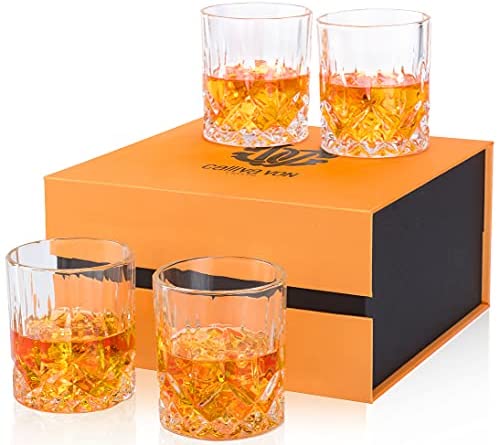 Whiskey Glasses, Crystal Old Fashioned Tumblers Set of 4 In Gift Box,  Calliva Von Rocks Glasses for Bourbon Scotch Whisky Cocktail Snifte 