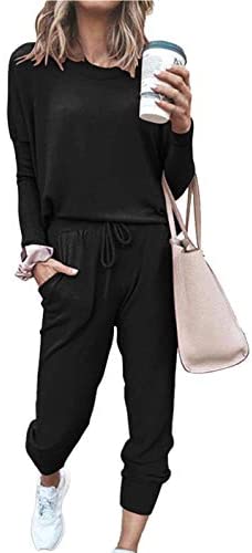 PRETTYGARDEN Women's 2 Piece Ribbed Tracksuit Outfits Off Shoulder Long  Sleeve Pullover Long Pants with Pockets