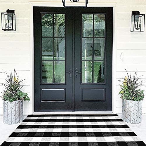 Black and White Striped Rug Outdoor Reversible Mat 35.4'' x 59'' Front Door  Mat Hand-Woven Cotton Indoor/Outdoor for Layered Door Mats,Welcome Door