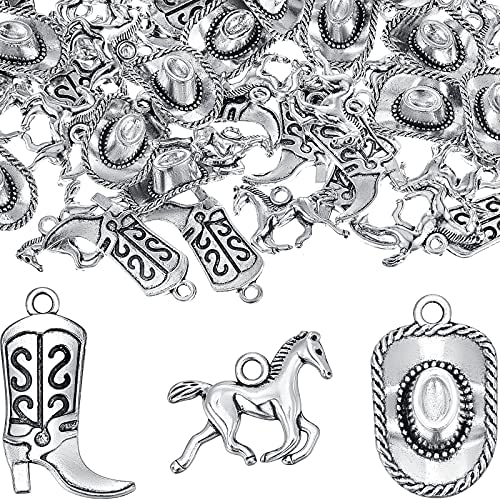 42pcs Antique Silver Western Cowboy Theme Charms Vintage Alloy Cowboy Horse  Horseshoe Hat Dangle Pendants for DIY Bracelet Necklace Jewelry Making