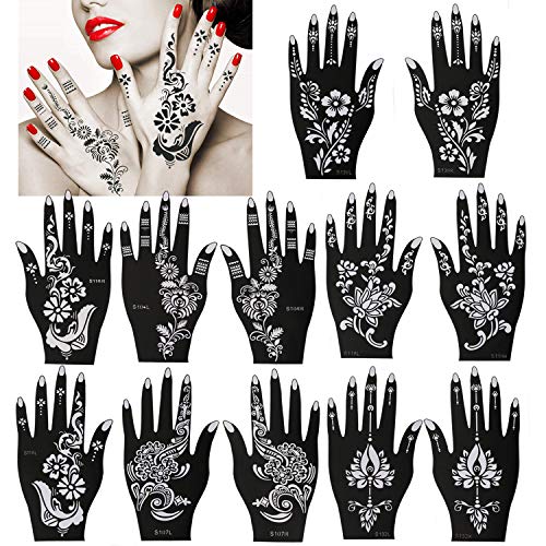 Wholesale Konsait Pack Of 12 Sheets Henna Tattoo Stencil Templates Henna Hand Temporary Tattoo Kit Indian Arabian Self Adhesive Tattoo Sticker For Hand Body Art Paint For Adults Women Teenager Girls