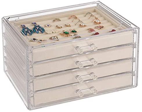 Frebeauty Acrylic Jewelry Box Clear Earring Organizer Storage  Boxes,Necklace Hanging with 5 Removable Velvet Drawers Large Jewelry  Display Case for