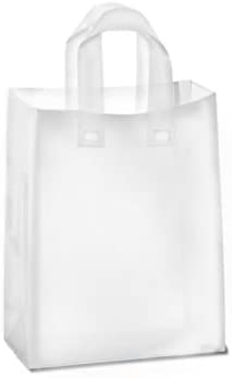 Plastic Bags with Handles - 10x5x13 Inch 100 Pack Medium Frosted White Gift  Bags with Cardboard Bottom, Clear Shopping Totes in Bulk for Retail