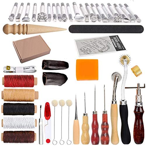 BUTUZE 489pcs Leather Working Tools Kit with Instructions,Leather Sewing Tools Kit Leather Working Supplies with Leather Craft Stamping Tools,Gift