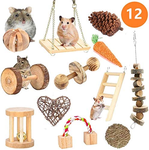 Guinea Pig Toys Natural Wooden Pine Rats Chinchillas Toys Accessories Dumbells Exercise Bell Roller Teeth Care Molar Toy for Birds Bunny Rabbits Gerbils AWITHZ Hamster Chew Toys 