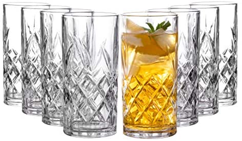Yopay Set of 8 Highball Drinking Glasses, 12oz Lead-Free Tempered