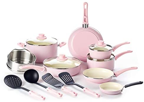 GreenLife Artisan Healthy Ceramic Nonstick, Saucepans Set with Lids, 1qt and 2qt, Soft Pink