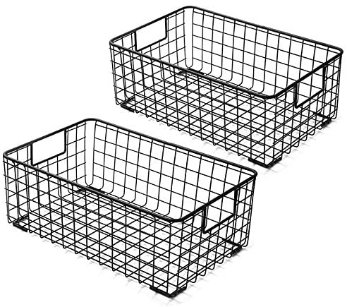 Wire Storage Baskets, iSPECLE 4 Pack Large Metal Wire Baskets Pantry  Organization and Storage with Handles, Freezer Organizer Bins for Pantry  Kitchen Shelf Laundry Cabinets Garage, Black 