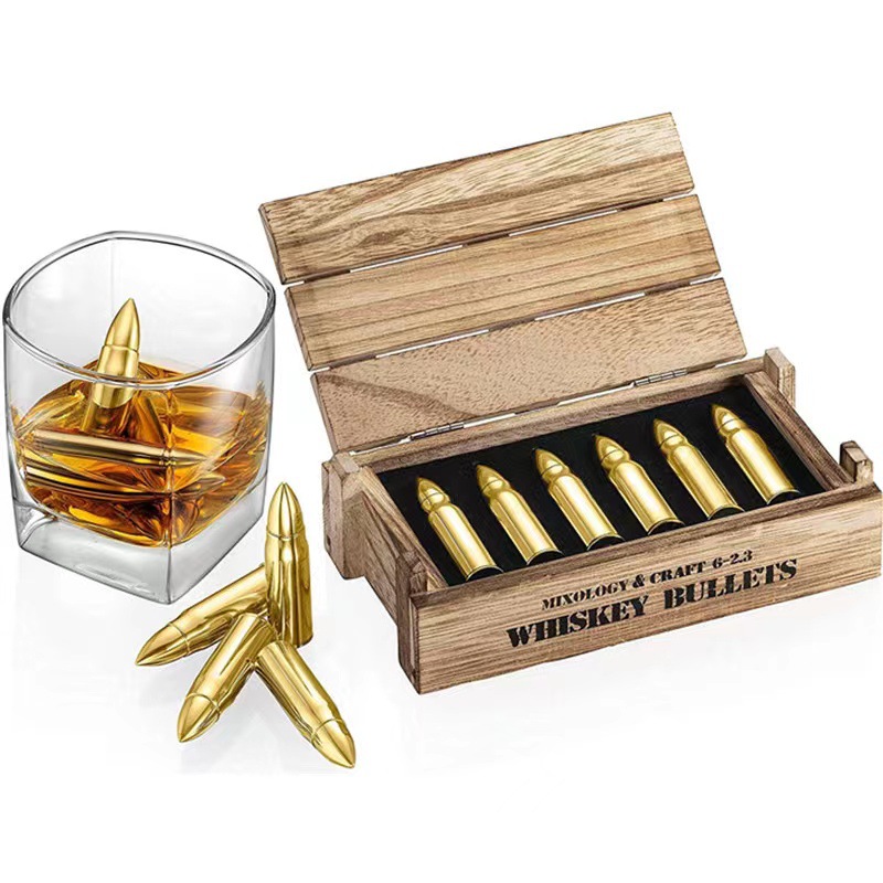 Whiskey Stones Bullets Stainless Steel with Wooden Gift Box - 1.75in Bullet  Chillers Set of 6 Inside Realistic Revolver, Premium Stainless Steel, Large  Whiskey Chillers Rocks (Gold) 