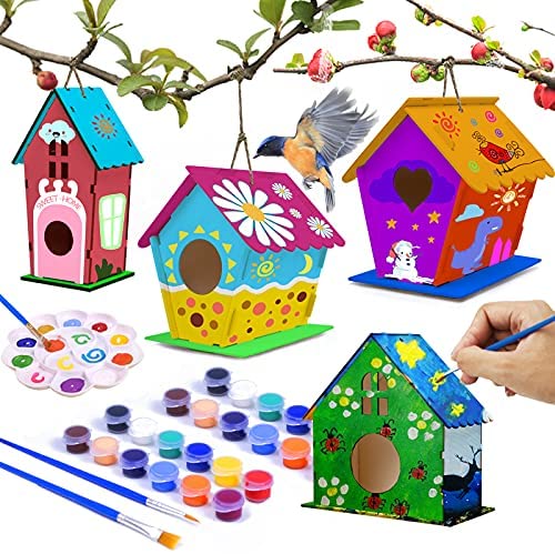 4 Pack DIY Bird House Wind Chime Kits for Children to Build and Paint,  Wooden Arts and Crafts for Kids Girls Boys Toddlers Ages 8-12 4-6 6-8, Paint  Kit Includes Paints & Brushes 