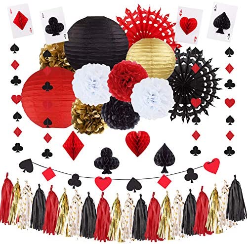 Red-Black Gold Party Decorations Streamers Lanterns - 14pcs Casino