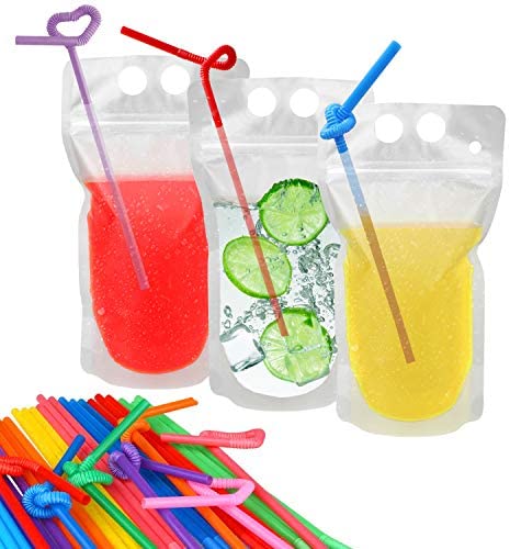 Drink Pouches with Straws Plastic Drink Bags with Zipper Party Beverage  Bags Juice Pouches for Adults and Teens (24 Sets,6 Styles)