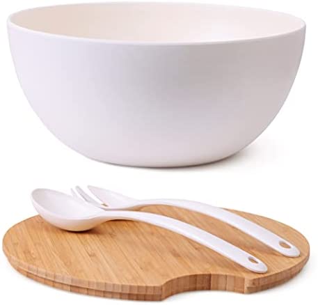 ECOHAGOU Large Salad Serving Bowl with Lid and Tongs, Bamboo Fiber