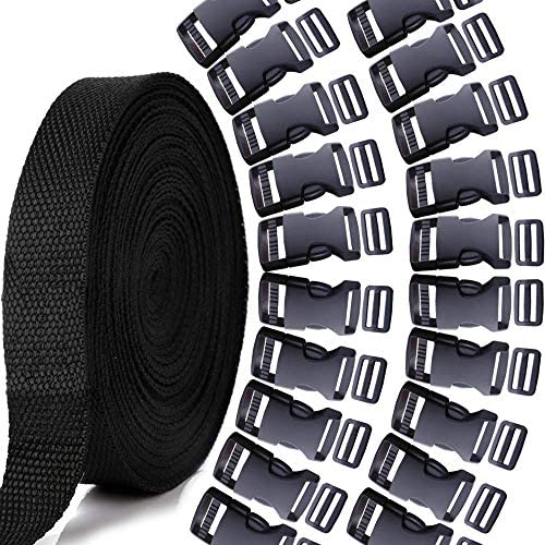 MELORDY 1 inch Buckles Straps Set with 10 Yards Nylon Webbing Strap,10 pcs  Quick Side Release Plastic Buckle, 20 pcs Tri-glide Slide Clip for Luggage
