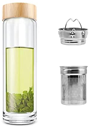 Glass Tea Infuser Bottle with Bamboo Lid - 15 oz - Pure Zen Tea