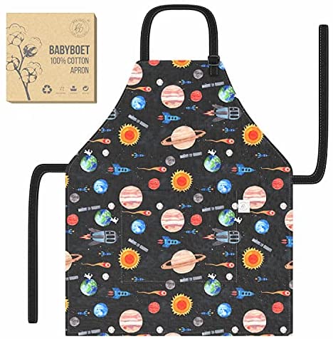 Caydo 4 Pieces Middle Size Kids Painting Aprons for Aged 5 to 10, Water Resistant Kid Aprons with 3 Roomy Pockets in Classroom, Crafts and Art