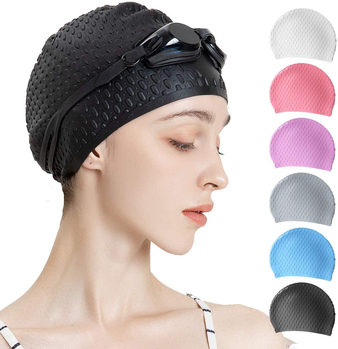  COPOZZ Swim Cap For Women, Silicone Waterproof Comfy Swimming  Bathing Cap For Long Hair