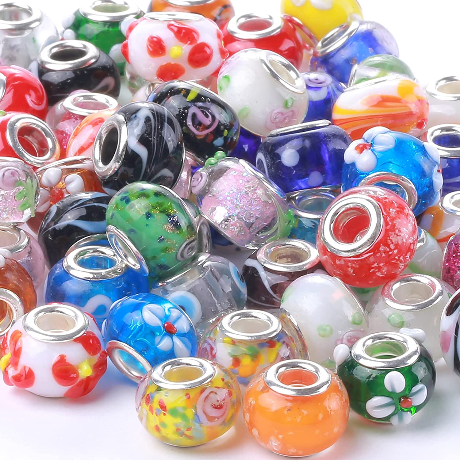 Artsy Crafts 24 Pcs 12mm Lampwork Flower Glass Beads, European Murano Glass  Beads, Handmade Loose Crystal Beads for Jewelry Making Charm Bracelet