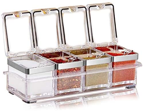 Clear Seasoning Box,V-Resourcing 4 Pieces Clear Seasoning Storage Container  for Spice Salt Sugar Cruet,Condiment Jars with Spoons 