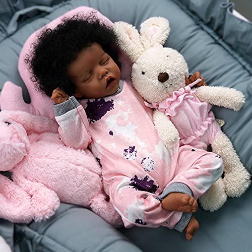 Angelbaby Realistic African American Reborn Baby Dolls Black Girl 19 Inch  Life Like Sleeping Newborn Real Baby Silicone Doll Brown Skin Bebe Reborn