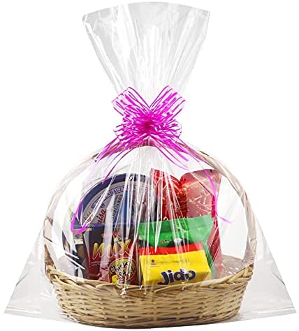 Holvyt Large Clear Basket Bags, 10 Pack 32x 46 Cellophane Wrap Plastic Packaging for Baskets and Gifts