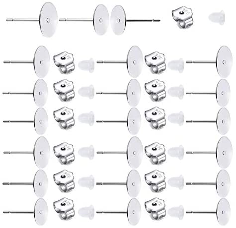 150 PCS 925 Sterling Silver Plated Earrings Posts Flat Pad Hypoallergenic Earring  Posts and Backs Earring Studs Blanks for Jewelry Making Findings(8MM) 