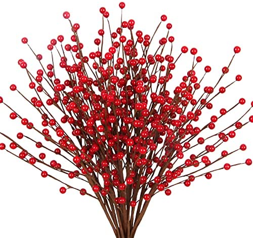  GREENTIME 12 Pack Artificial Red Berry Stems 14 Fake