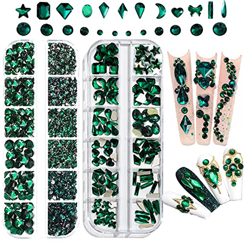 90Pcs Green Nail Rhinestones 6 Shapes Emerald Green Cute Nail Gems Flatback  Heart Rhinestones K9 Glass Stones Nail Art Diamonds Crystals jewels Nail
