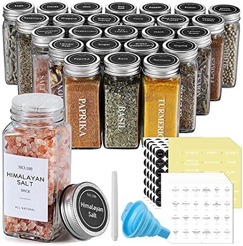 SWOMMOLY 25 Glass Spice Jars with 713 Spice Labels, Chalk Marker and Funnel  Complete Set. 25