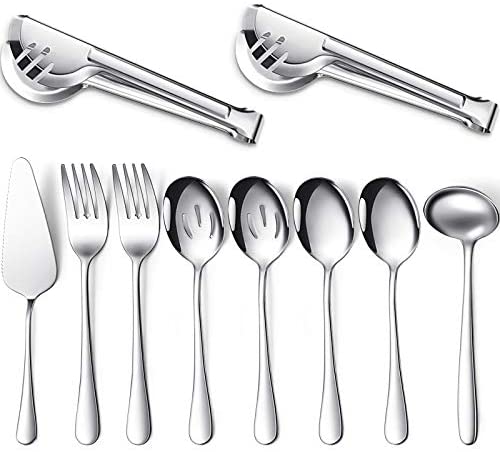 Stainless Steel Metal Serving Utensils - Large Set of 9-10 Serving Spoons,  10 Slotted Spoons, and 9 Serving Tongs by Teivio (Silver)