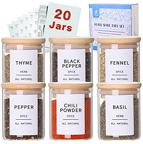 Laramaid 2.5oz 20Pack Spice Jars with Black Vinyl Spice Labels, Round Jars with Black Bamboo Lids, Minimalist Premium Labels, Adjustable Measuring