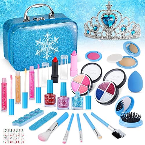 Qudai Kit de maquiagem para meninas Real Kids Make Up Set Cosmetics Play  Set Cofre lavável com bolsa de transporte para meninas Jogo de festa Natal