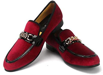  FQEQNQG Men's Velvet Loafers, Mens Dress Shoes with Gold  Chain, Slip-On Smoking Slippers, Penny Party Wedding Driving Shoes for Men, Blue