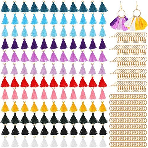 SUNNYCLUE 1 Box 100pcs Mini Tassels DIY Tassels Bulk Craft Tassel Charms Kit with Jump Rings Cotton Tassels for Crafts Earring