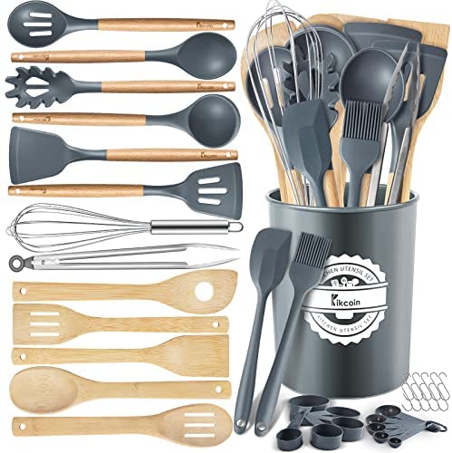 33 PCS Silicone Cooking Utensils Set, Kikcoin Wood Handle Kitchen Utensils  Set with Holder, Spatulas…See more 33 PCS Silicone Cooking Utensils Set