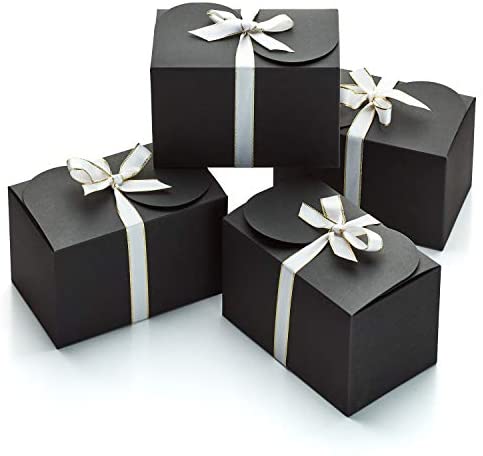 Stockroom Plus 50 Pack Kraft Black Paper Gift Boxes, Bulk Set with Ribbon &  Stickers (3x3x3 In)