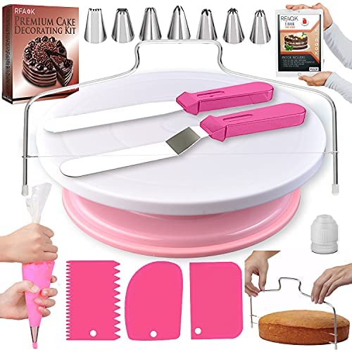 RFAQK 50 PCs Aluminum Cake Turntable Rotating Stand- Professional Cake  Decorating Tools Kit with Straight & Offset Spatula- 7 Icing