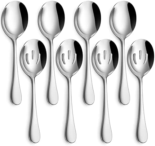 Stainless Steel Metal Serving Utensils - Large Set of 9-10 Serving Spoons,  10 Slotted Spoons, and 9 Serving Tongs by Teivio (Silver)