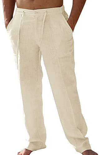 AUDATE Men's Pants Summer Beach Trousers Cotton Linen Trouser