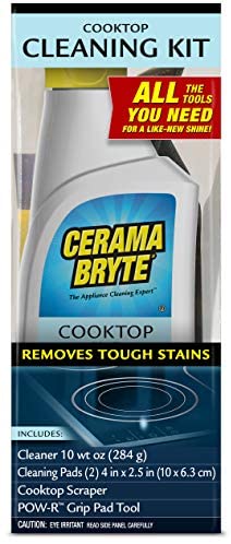 Cerama Bryte - Cooktop Cleaning Kit - Includes 10 oz. Bottle of Cerama  Bryte Cooktop Cleaner, 2 Cleaning Pads, 1 POW-R Grip Pad Tool and 1 Scraper  packed in Reusable Container 