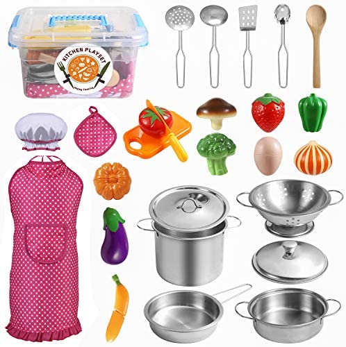 Cute Stone Kids Kitchen Pretend Play Toys,Play Cooking Set, Cookware Pots  and Pans Playset, Peeling and Cutting Play Food Toys, Cooking Utensils