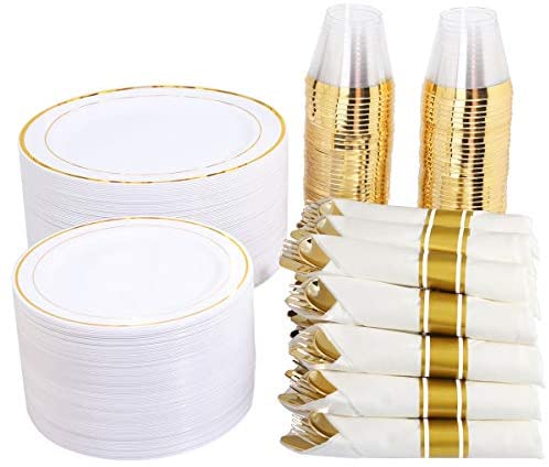 350 Piece M MCIRCO Gold Dinnerware Set - 100 Gold Rim Plastic Plates - 50  Gold Plastic Silverware - 50 Gold Plastic Cups - 50