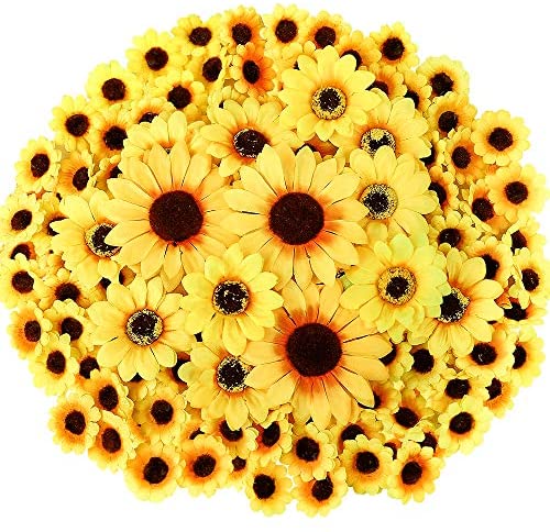 KINWELL 100pcs Mini Artificial Silk Yellow Sunflower Heads 1.8 inch Fabric Floral for Home Decoration Wedding Decor, Bride Holding Flowers,Garden