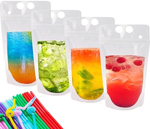 Medca Reusable Drink Pouches - (201 Piece Set) 100 Clear Drink Bags + 100 Straws - Double Zipper Reusable Smoothie Juice, Clear Zipper