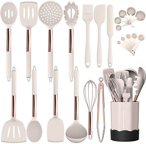 33 PCS Silicone Cooking Utensils Set, Kikcoin Wood Handle Kitchen Utensils  Set with Holder, Spatulas…See more 33 PCS Silicone Cooking Utensils Set