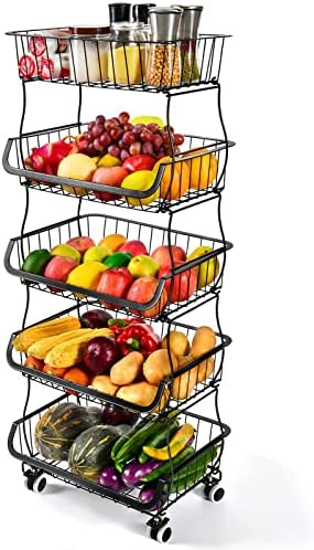 Fruit Basket for Kitchen with Wood Top 5 Tier, SAYZH Stackable Fruit and  Vegetable Storage Cart, Wire Storage Basket with Wheels, Vegetable Basket