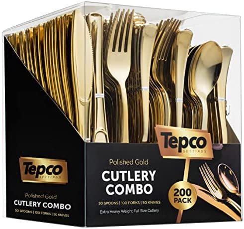 Visions Heavy Weight Elegant Gold Cutlery Set with Black Pocket Fold Dinner  Napkin - 50/Case